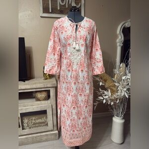 Roller Rabbit Floral Long Sleeve Dress in Coral and White